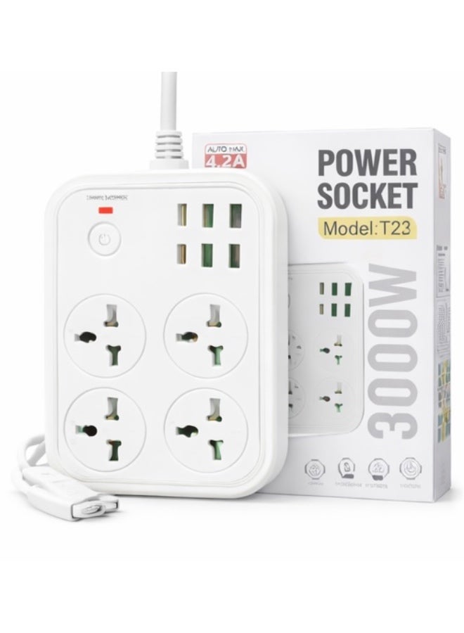 مشترك كهرباء 3000 واط موديل T23 – 4 مقابس عالمية + 4 منافذ USB + 2 منفذ Type-C PD – شحن سريع 4.2 أمبير – حماية من الحمل الزائد – مقاوم للاشتعال – مفتاح تشغيل مستقل – أبيض - Image 3